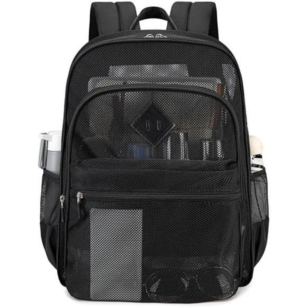 Heavy Duty Mesh Backpack See Through School Beach Travel Sports Transparent Bag
